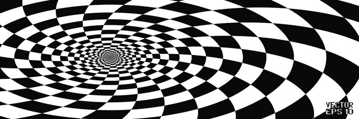 Abstract Black and White Pattern with Spiral. Contrasty Optical Psychedelic Illusion of Tunnel. Smooth Lines and Chessboard in Perspective on White Background. Vector. 3D Illustration
