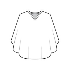 Poncho coat technical fashion illustration with V-neck collar, oversized trapeze body, fingertip length. Flat jacket template front, white color style. Women, men, unisex top CAD mockup