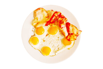 fried bacon with fried five eggs on a plate isolated on white background