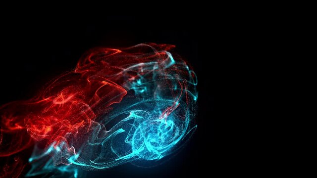 Fluid ink particles. Animation of multicolored stream of particles. Effect of ink in water. Red and blue particles on a black background. Slow motion. Alpha channel included. 4K