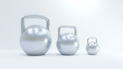 three silver dumbbells on a light background. 3d rendering