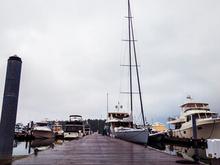 Fototapeta premium Dockside view of boats docked at Roche Harbor on San Juan Island