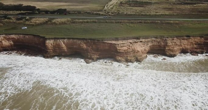 cool, car, aerial, aerial view, argentina, atlantic, atlantic ocean, beach, buenos aires, chapadmalal, cliff, cloudy, coast, coastline, drone, landscape, latin america, mar del plata, miramar, natural