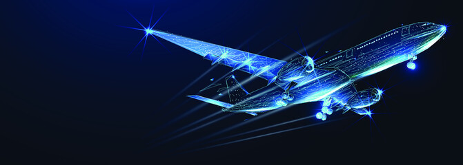 Digital 3d airplane. Abstract vector wireframe of airliner in the blue background. Travel, tourism, business, transportation concept. Low poly dark blue mesh with dots, lines and glowing stars - obrazy, fototapety, plakaty