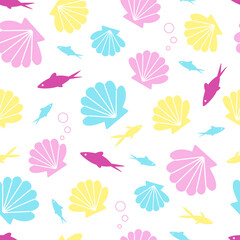 Cute sea vector seamless pattern with sea shells and fishes. Kawaii tropical marine wallpaper in cartoon style for kids textile or wrapping paper on white background
