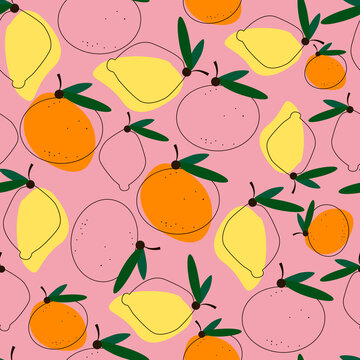 seamless pattern of lemons and oranges on a pink background.