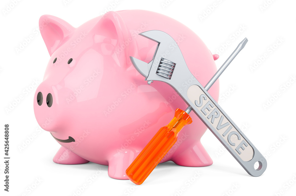 Poster piggy bank with screwdriver and wrench. 3d rendering