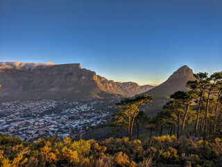 View from Signal Hill of Lion's Head and Table Mountain at sunset, Cape Town, South Africa