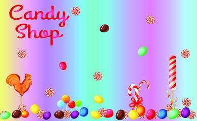 Different types of lollipops and colorful caramel on a rainbow background. A postcard or tag for a pastry shop.