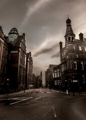 View of the city of Manchester in England, old industrial buildings, picture taken in the evening, vintage look