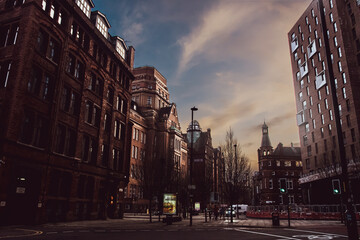 View of the city of Manchester in England, old industrial buildings, picture taken in the evening