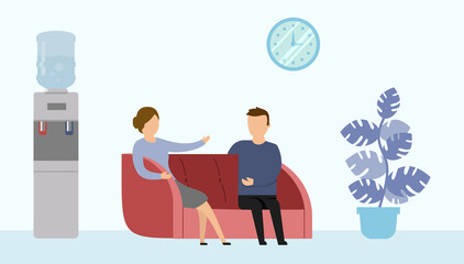 Vector Illustration In Cartoon Flat Style On Blue Background. Office Interior Surrounding. Two Characters Sitting On Couch And Talking. Office Plant, Clock, Water Machine. Work Or Doctor Reception
