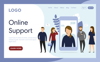 Vector Illustration In Cartoon Flat Style. Landing Page Interface Layout Composition With Characters And Elements. Online Support Concept Art. Group Of People Speak. Big Phone With Operator On Screen