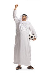 Full length portrait of a mature arab man with a soccer ball cheering
