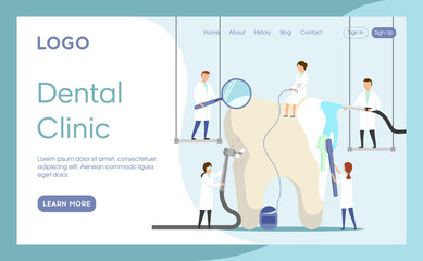 Vector Illustration In Cartoon Flat Style. Landing Page Interface Layout Composition With Characters And Elements. Dental Clinic Concept Art. Group Of Doctors In Robes Around Big Tooth. Medical Staff