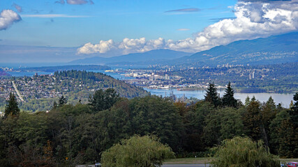 Burrard Inlet to North Shore mountains and West Vancouver from Burnaby Mountain Park