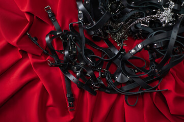 A set of erotic toys for BDSM. Sex slavery game with whip, gag and leather face mask. Intimate sex...