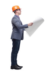 Young architect man in orange color hardhat holding blueprints walking away