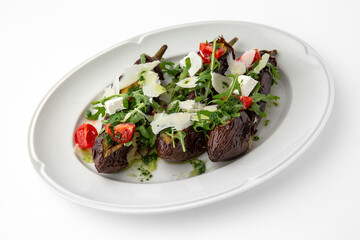 Eggplant baked with tomatoes, zucchini, parmesan. Banquet festive dishes. Gourmet restaurant menu....