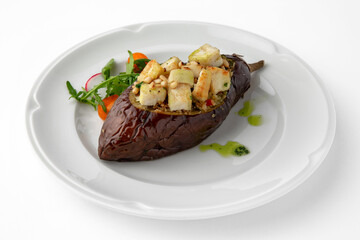 Eggplant baked with tomatoes, zucchini, parmesan. Banquet festive dishes. Gourmet restaurant menu....