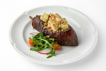 Eggplant baked with tomatoes, zucchini, parmesan. Banquet festive dishes. Gourmet restaurant menu. White background.
