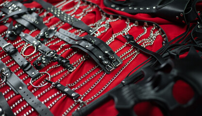 A set of erotic toys for BDSM. Sex slavery game with whip, gag and leather face mask. Intimate sex...