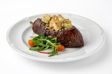 Eggplant baked with tomatoes, zucchini, parmesan. Banquet festive dishes. Gourmet restaurant menu....