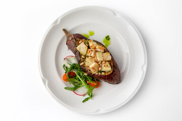 Eggplant baked with tomatoes, zucchini, parmesan. Banquet festive dishes. Gourmet restaurant menu....