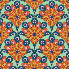 Abstract mandala fish scale seamless pattern. Ornamental tile, mosaic background. Floral patchwork infinity card. Arabic, Indian, ottoman motifs.