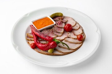 Sliced meat delicacies. Delicious beef, pork and poultry. Banquet festive dishes. Gourmet restaurant menu. White background.