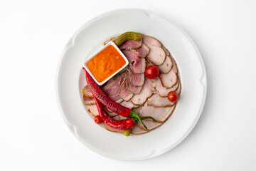 Sliced meat delicacies. Delicious beef, pork and poultry. Banquet festive dishes. Gourmet...