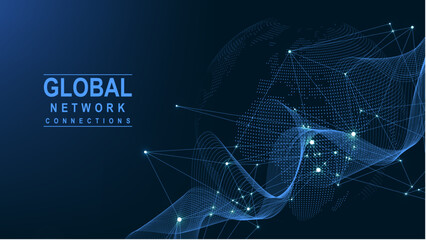 Business global network connection. World map point and line composition concept of global business. Global internet technology. Big data visualization. Vector illustration. - obrazy, fototapety, plakaty