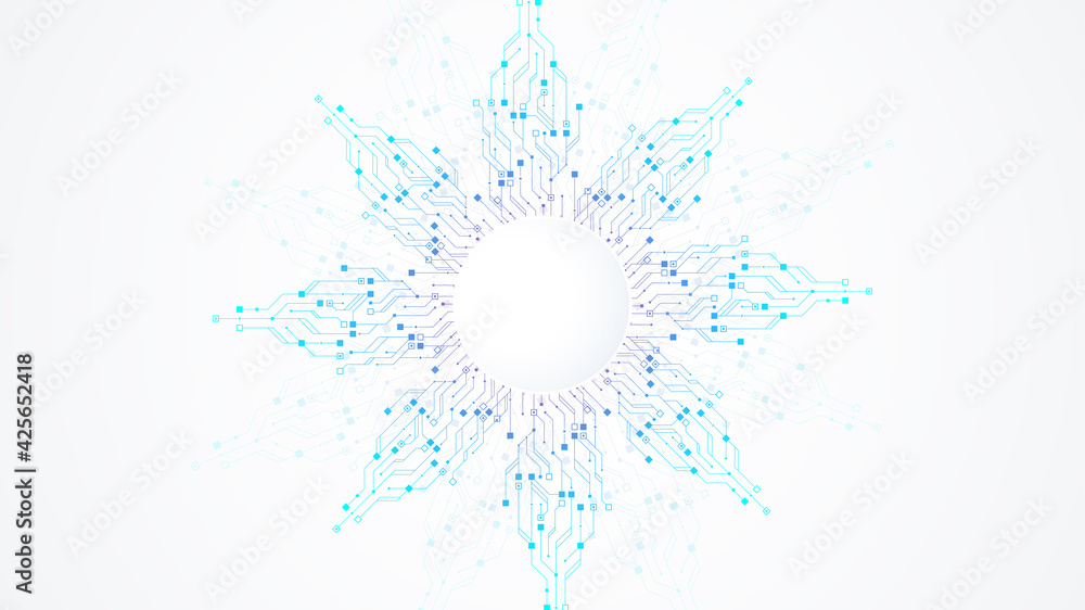 Poster Modern technology circuit board texture background design. Quantum computer technologies concepts, large data processing. Futuristic blue circuit board background. Minimal vector motherboard