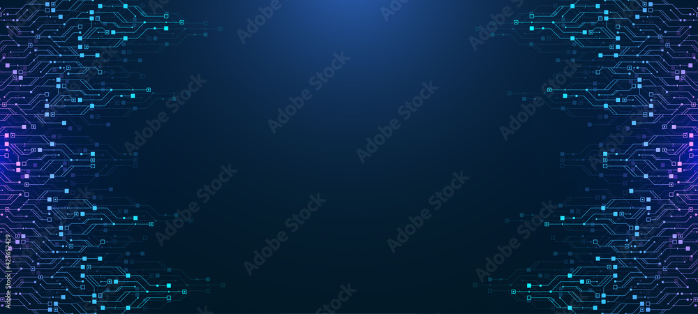 Fototapete Modern technology circuit board texture background design. Quantum computer technologies concepts, large data processing. Futuristic blue circuit board background. Minimal vector motherboard