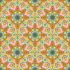 Fototapeta na wymiar Abstract mandala fish scale seamless pattern. Ornamental tile, mosaic background. Floral patchwork infinity card. Arabic, Indian, ottoman motifs.
