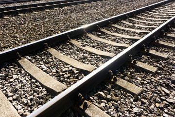 Railroad background. Railway perspective. Train track landscape. Old railroad wooden tie. Track...