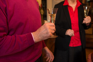 Old man holding a glass of sparkling wine in his hands with women with glass of sparkling wine in...