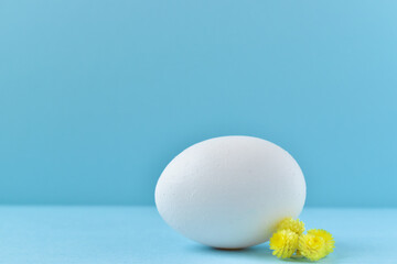 A white egg on a blue background. Easter.