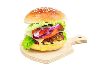 Cheeseburger on a cutting board isolated on a white background. Hamburger with cheese. Burger isolated
