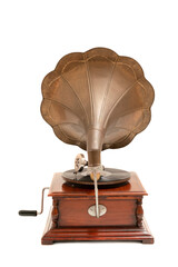 Photos of vintage gramophone isolated on white background. Old record or vinyl music player. 