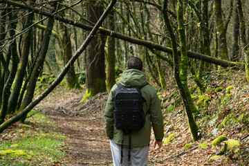 Fototapeta na wymiar Happy man walking on a path with a backpack. Lifestyle concept, hike, outdoors.