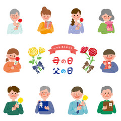 母の日　父の日　カーネーションと黄色のバラ人物セット