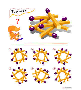 Logic puzzle game for children and adults. 3D maze. Need to find correct top view of matchsticks. Printable page for brain teaser book. Developing spatial thinking skills. IQ test. Play online.