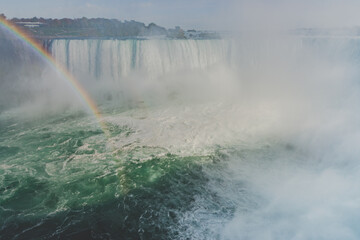 A part of Horseshoe Falls with a tall cloud of water splashes, rainbow, and several people walking on the embankment