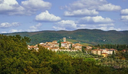 Fototapeta na wymiar Radda in Chianti village panoramic view. Tuscany, Italy