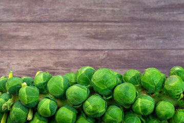 Green brussel sprout on the stalk on wooden background