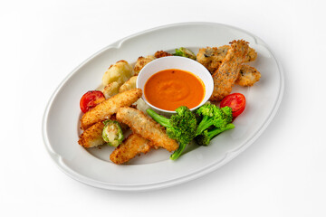 Fish fillets, chicken in batter with vegetables. Banquet festive dishes. Gourmet restaurant menu....