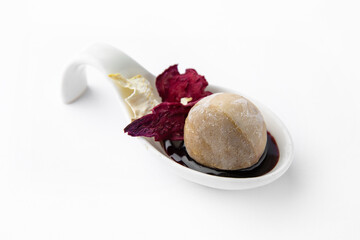 Portion of pate with beetroot and celery chips. Beautifully decorated catering banquet menu. Food...