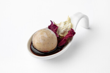 Portion of pate with beetroot and celery chips. Beautifully decorated catering banquet menu. Food...
