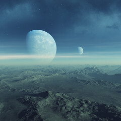 Naklejka na ściany i meble 3d rendered Space Art: Alien Planet - A Fantasy Landscape with blue skies and stars